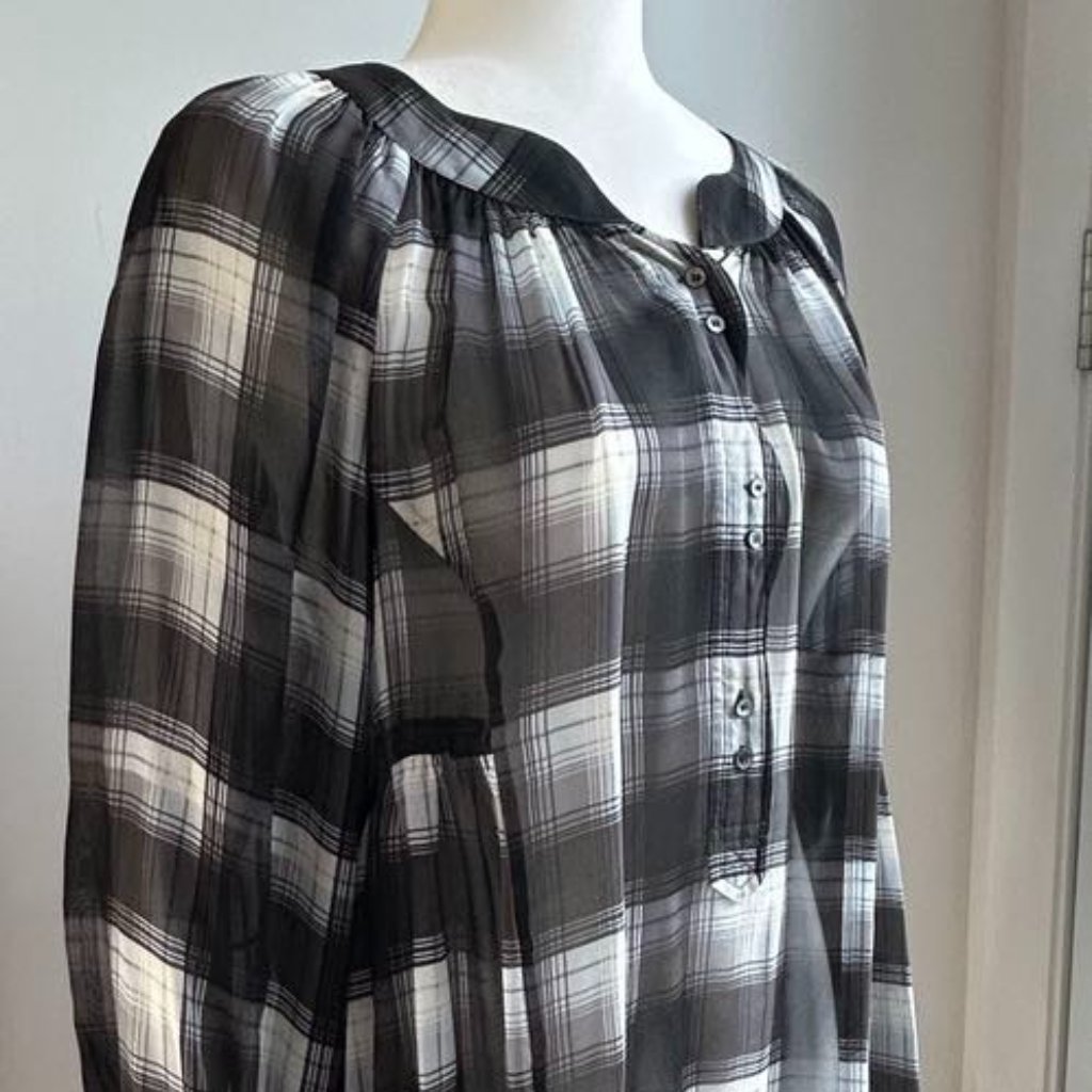 Bcbgmaxazria Sheer Plaid Chiffon Tunic With Notched Neckline & Flowy Fit Us S